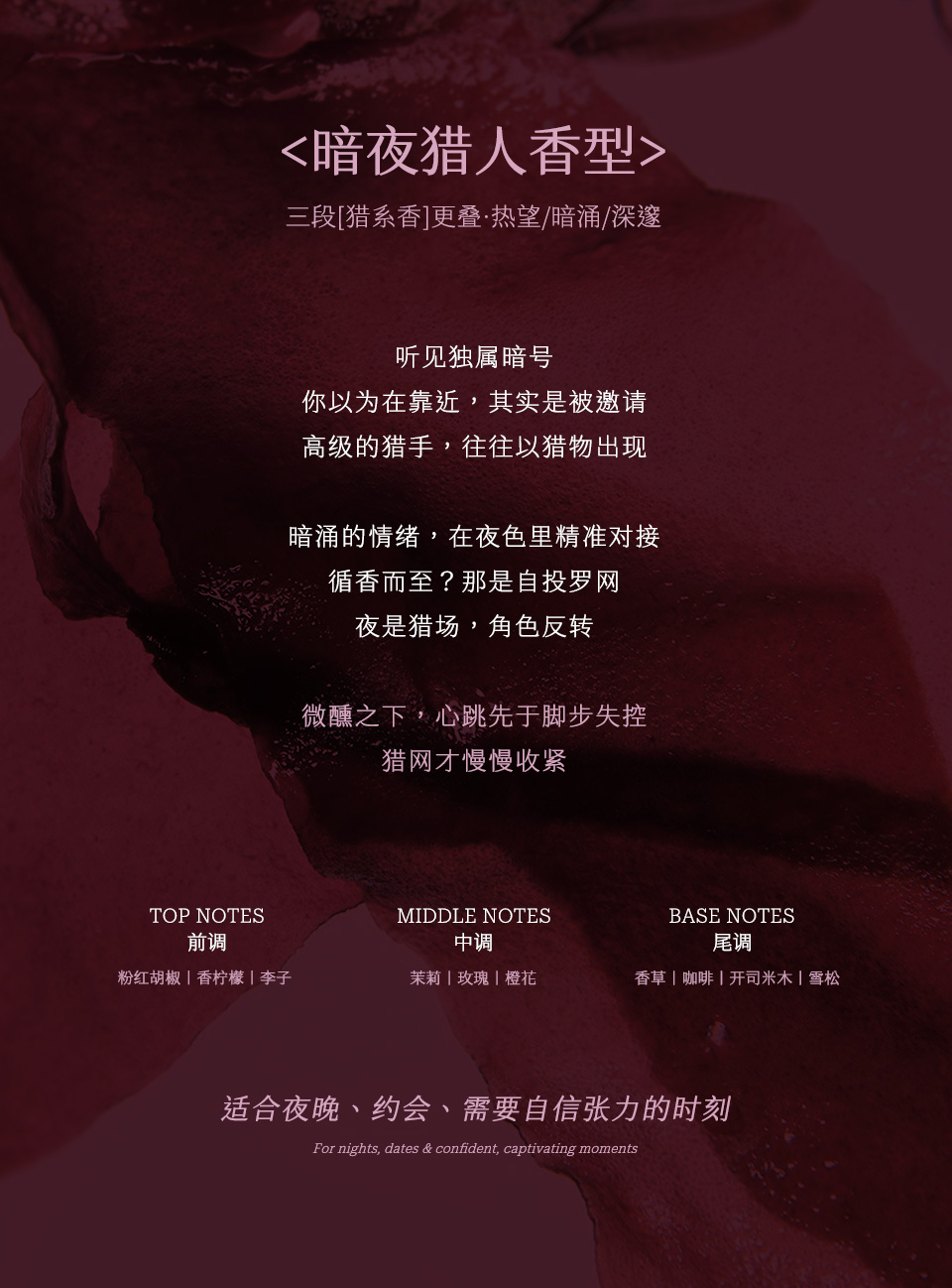 ＜暗夜猎人香型＞三段[猎系香]叠·热望/暗涌/深邃：前调粉红胡椒·香柠檬·李子，中调茉莉·玫瑰·橙花，尾调香草·咖啡·开司米木·雪松，适合夜晚、约会、需要自信张力的时刻