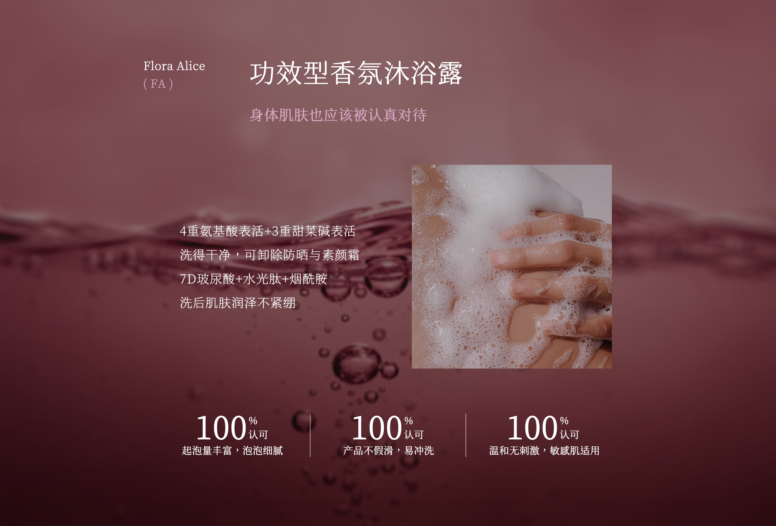 Flora Alice(FA) 功效型香氛沐浴露：身体肌肤也应该被认真对待。4重氨基酸表活+3重甜菜碱表活，洗得干净可卸除防晒与素颜霜；7D玻尿酸+水光肽+烟酰胺，洗后肌肤润泽不紧绷；100%起泡量丰富泡泡细腻、100%产品不假滑易冲洗、100%温和无刺激敏感肌适用