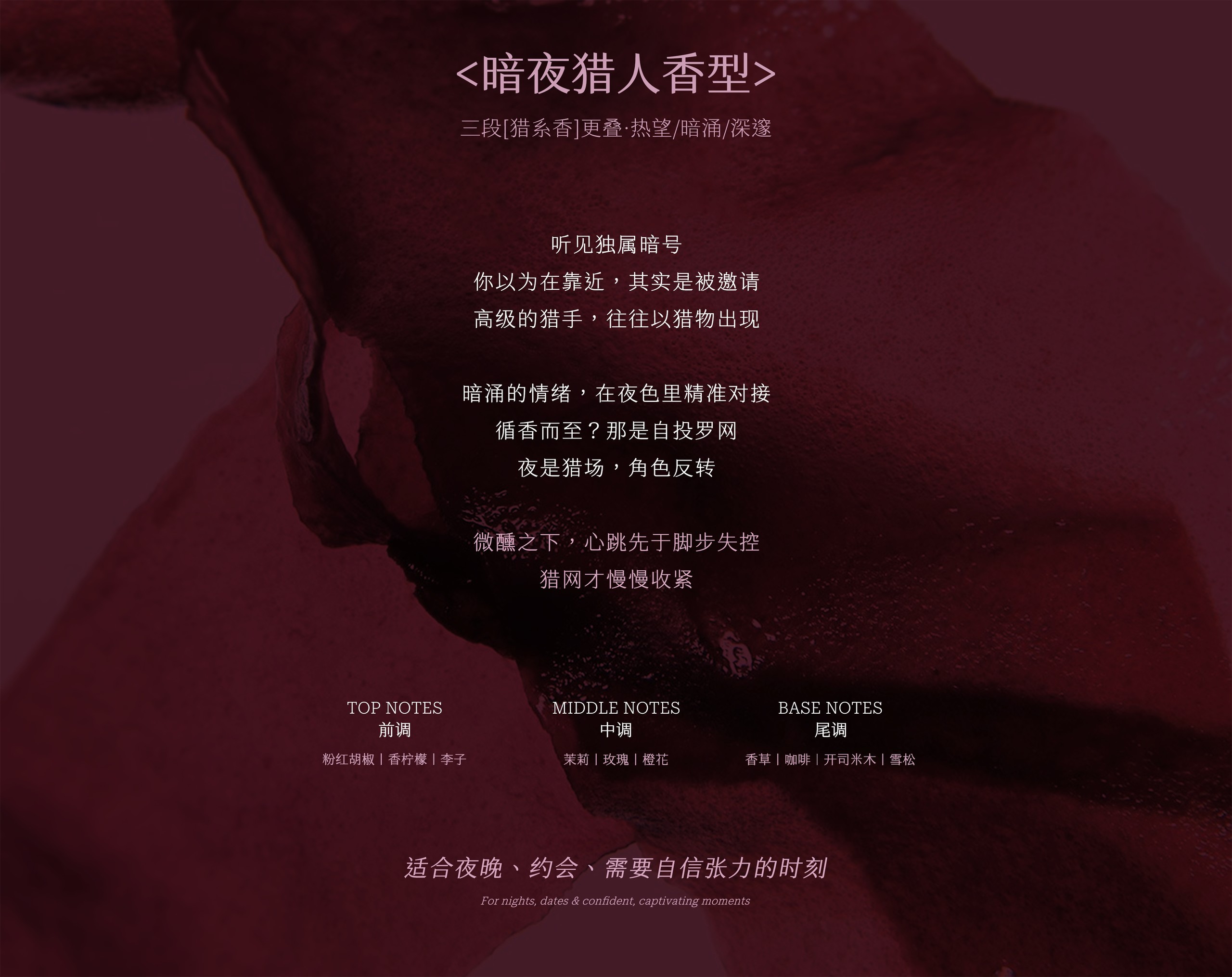 ＜暗夜猎人香型＞三段[猎系香]叠·热望/暗涌/深邃：前调粉红胡椒·香柠檬·李子，中调茉莉·玫瑰·橙花，尾调香草·咖啡·开司米木·雪松，适合夜晚、约会、需要自信张力的时刻