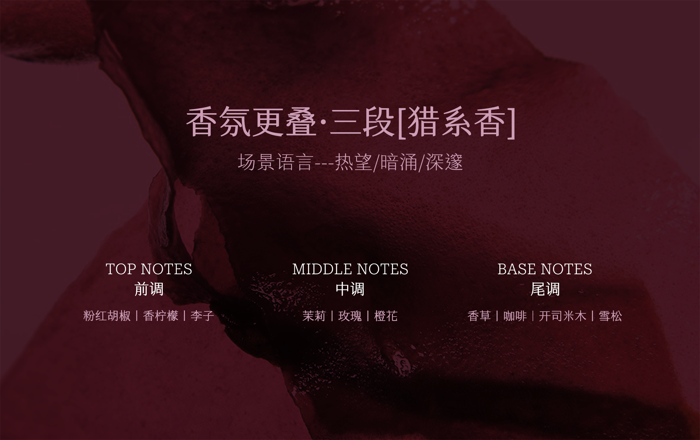 香氛更叠·三段[猎系香]：前调 粉红胡椒/香柠檬/李子，中调 茉莉/玫瑰/橙花，尾调 香草/咖啡/开司米木/雪松
